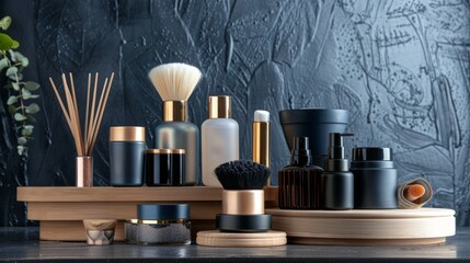 jar of creams and makeup without logos in limestone piece