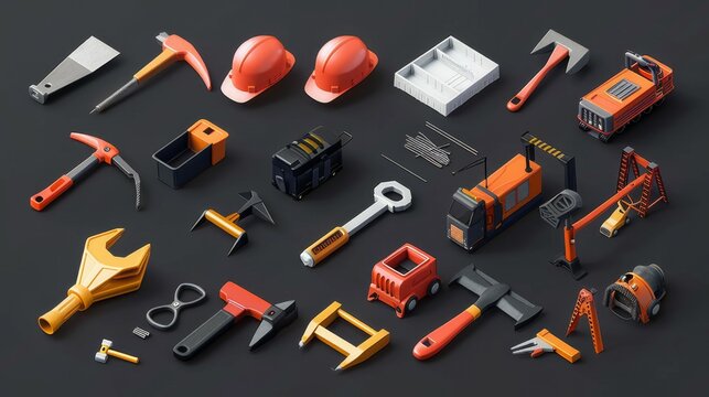 A variety of construction tools, including a steel truck, hard hats, pliers, and other brightly colored tools, set against a dark backdrop highlighting their utility.