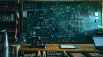 A laboratory-like setting featuring a chalkboard full of scientific figures and equations, surrounded by a scientific apparatus and a laptop on a wooden table.