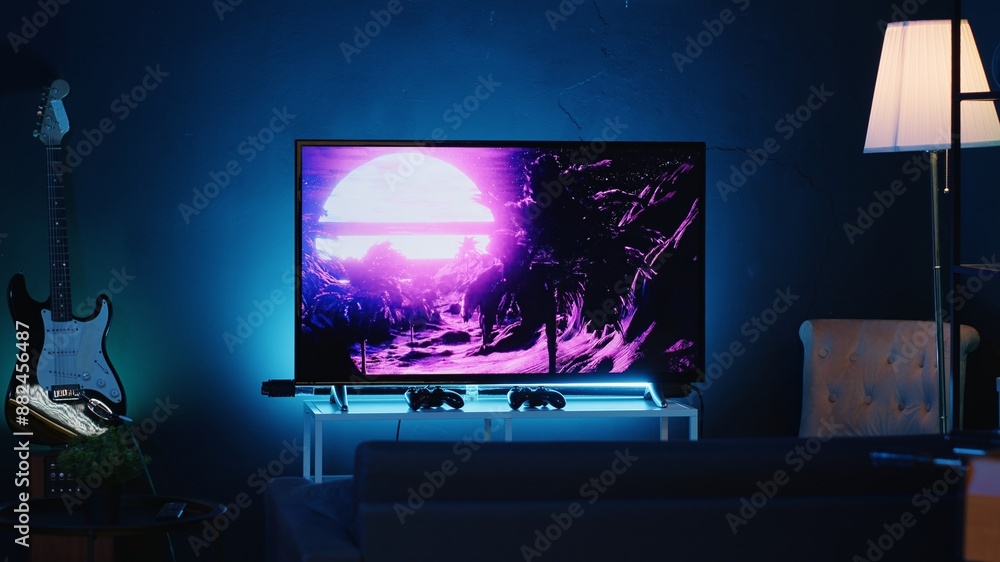 Aufkleber zoom in shot on tv screen showing 3d render animations in empty stylish neon lit home studio interio