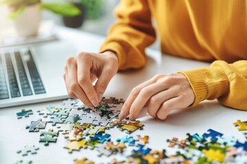 Person Doing Puzzle on Clean White Table