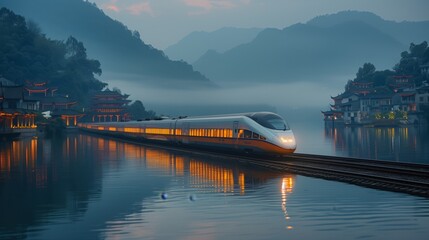 A high-speed train glides through a misty village with traditional architecture at dusk, reflecting lights on the calm water, creating a serene and picturesque scene.
