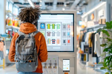 Young man browsing online catalog on interactive display in clothing store