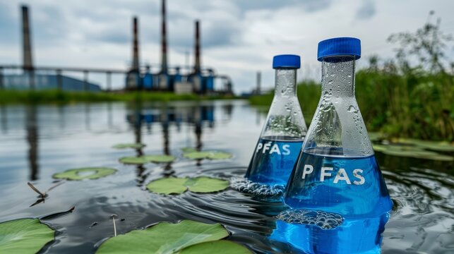 Laboratory flasks with water samples and pfas sign against factory chimneys in minimalist style