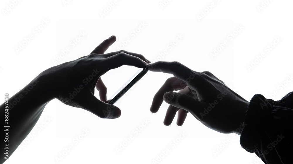 Poster two hands holding a modern smartphone on a clean white background, great for tech-related concepts o