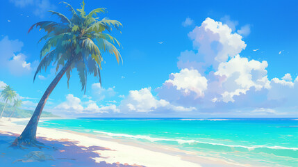 Obraz premium a serene anime beach scene with turquoise waters, white sands, and swaying palm trees under a bright blue sky