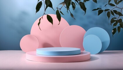 3D Pink and Blue Podium with Circles Backdrop, Modern Product Display and Mockup 