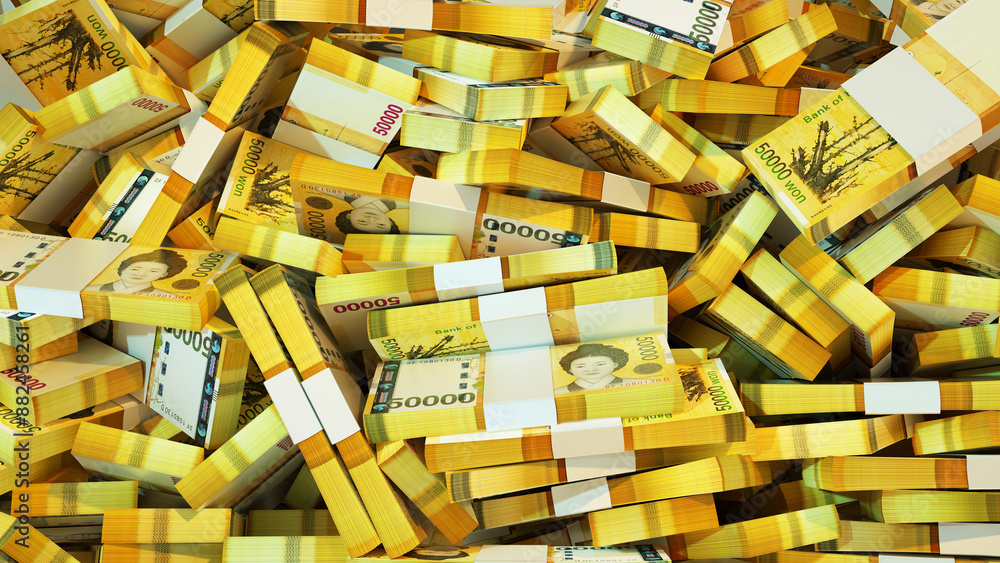 Poster 3d rendering of stacks of south korean won notes spread on surface. money isolated on a white backgr