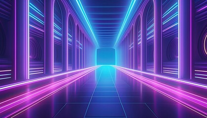 Fototapeta premium Abstract background of a hallway lit in blue and violet neon light. Empty space of ultraviolet light in 80s retro style. 