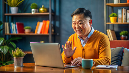 Fototapeta premium Smiling Middle-Aged Man Waving during Video Call at Home Office