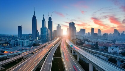 Fototapeta premium Drone view of cityscape with luminous highway in long exposure and skyscrapers under sunset sky 