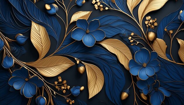 Dark background with a blue and gold pattern. Black blue painted wallpaper. Abstract colorful background. 3D realistic illustration. Generative AI
