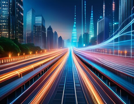 Illustration of big data in a high-speed upload and download process. Abstract background of futuristic digital technology in high speed data traffic. 