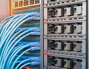 Server staggered cables and interfaces. Network cables connected in network switches. Network panel, switch and cable in data canter. Realistic 3D illustration