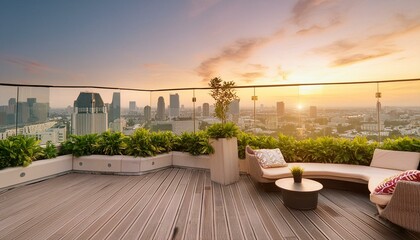 Stunning views of the city skyline from the rooftop terrace. Panoramic view on luxury penthouse roof at colorful sunset. View of buildings in front of the big city at sunset