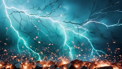 Teal lightning sparks and ember particles on plain black background 