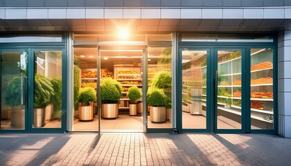 Typical front entrance of a modern grocery store 