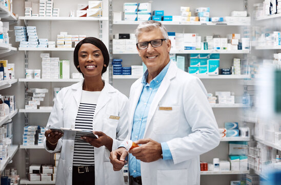 Healthcare, portrait and people with clipboard in pharmacy for dispensary, inventory and inspection. Medical, intern and pharmaceutical student with mentor by pills for supply, management or training