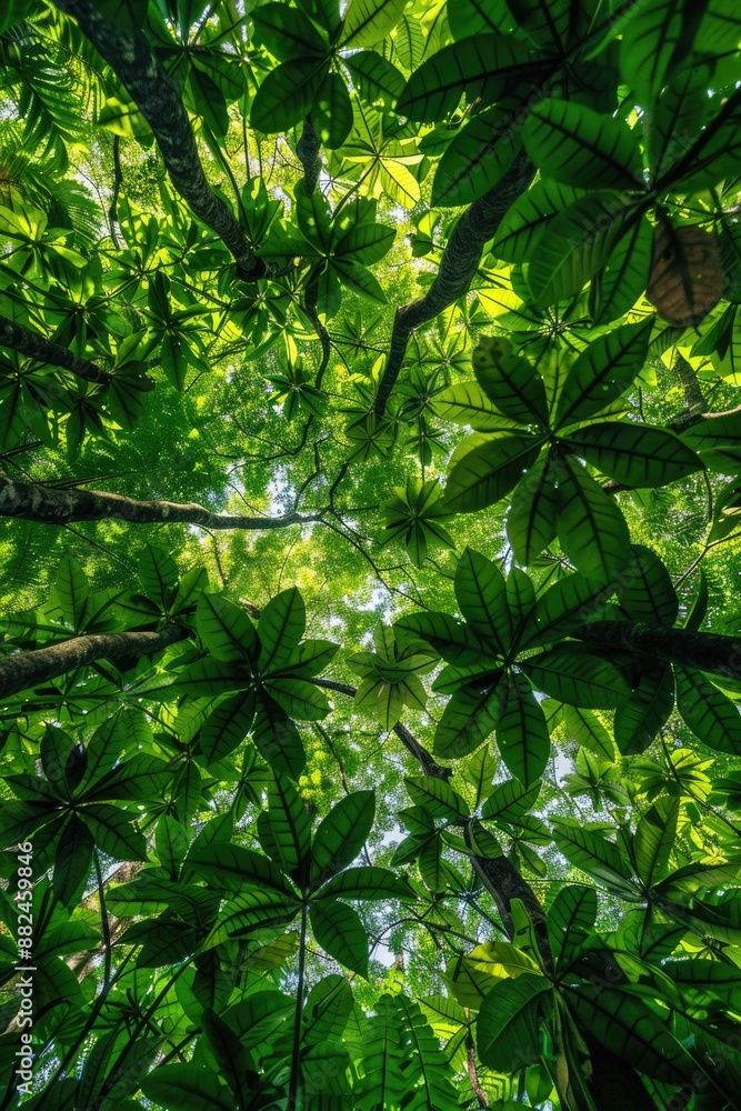 Poster a serene view from above of a dense tropical tree canopy, ideal for use in travel or nature-inspired