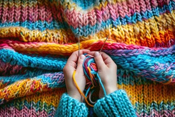 Hands Knitting with Colorful Yarn and Needles