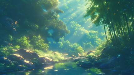 stunning anime scenery featuring a tranquil river surrounded by lush bamboo forest, illuminated by soft rays of sunlight, creating a peaceful and refreshing atmosphere