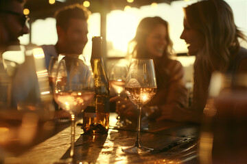 People toasting rose wine outside at a winery. Lifestyle concept with friend enjoying good time