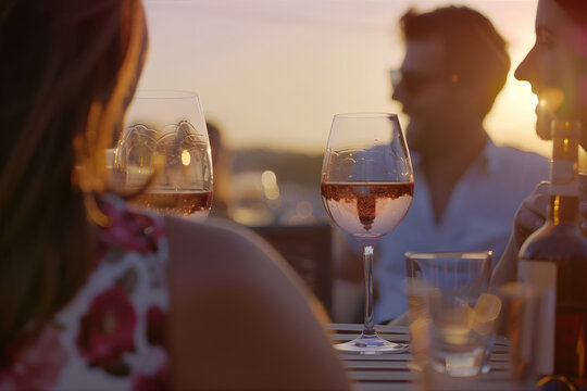 People toasting rose wine outside at a winery. Lifestyle concept with friend enjoying good time