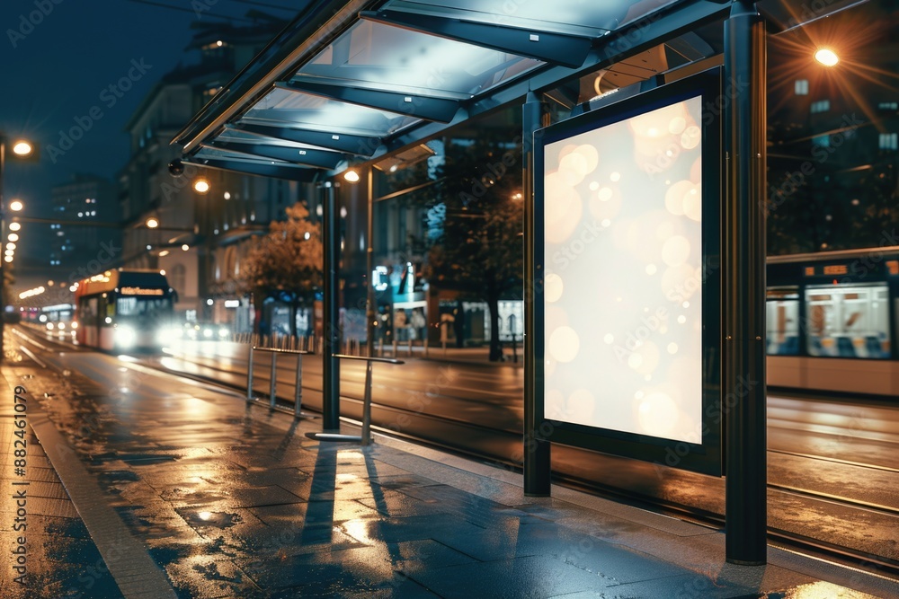 Aufkleber A bus stop at night with a bus passing by