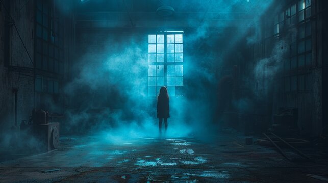 Mysterious figure in industrial warehouse with blue smoke - generative ai