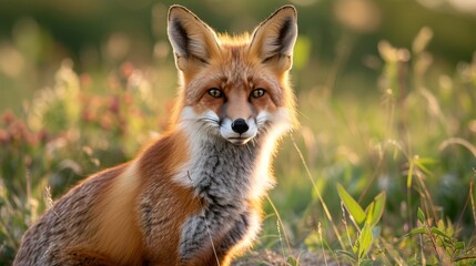 Fototapeta premium Red Fox in Grassy Field at Sunset.