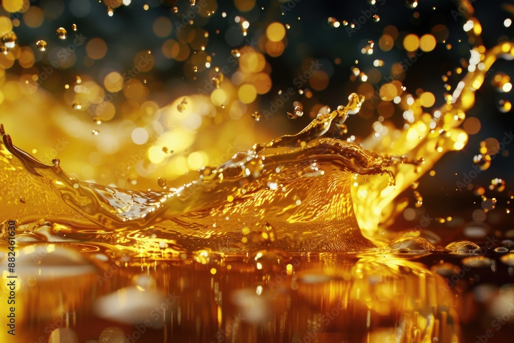 Poster a close-up shot of a liquid splash on a table, with ripples and droplets visible