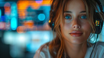 Gamer girl with headphones in a high-tech environment - generative ai