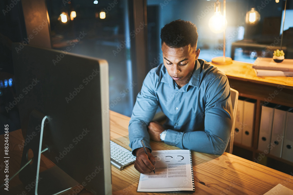 Poster dark, office and black man at computer with notes, business plan and data analysis at desk at tech s
