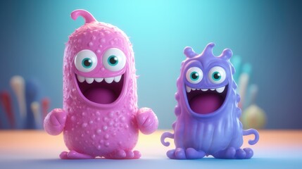 Obraz premium Two cute and colorful cartoon monsters with big eyes, perfect for kids storybooks
