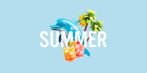 Dolphin, palm trees, cocktails, 3D. For concepts of fun summer vacations on the beach with ice-cold drinks. Summer party, rest. Vector