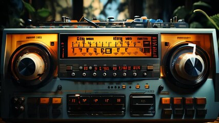 Vintage radio on a wooden table in a room with a window