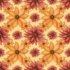 Fall flower Aster and Rudbeckia staggered seamless pattern on the vibrant yellow background. Hand drawn watercolor autumn floral illustration in red and orange colors for fabric and paper design.