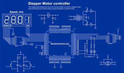 Schematic diagram of electronic device with motor 
operating under the control of a microcontroller.
Vector drawing electrical circuit with button, controller, lcd display
and electronic components.