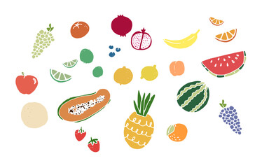 Hand drawn set of colorful, modern, stamp style fruit illustrations vector