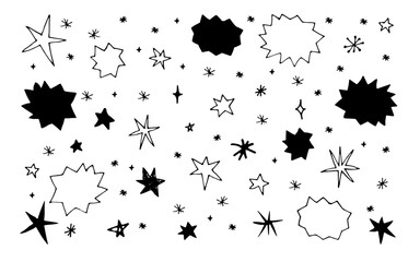 Hand drawn set of modern, simple, black, line-drawing star and sparkle doodle  illustrations vector