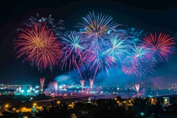 A colorful city festival at night, with fireworks lighting up the sky and crowds enjoying the festivities, showcasing community and celebration
