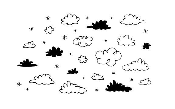 Hand drawn set of modern, simple, black, line-drawing cloud and sparkle illustrations vector