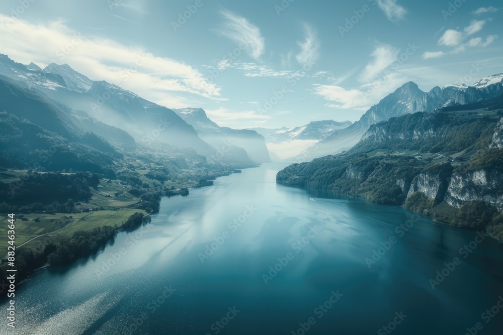 Poster a serene mountain lake scene with surrounding peaks and reflection