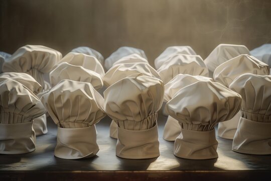 Group of professional chef's hats arranged on a table, possibly for a cooking competition or display