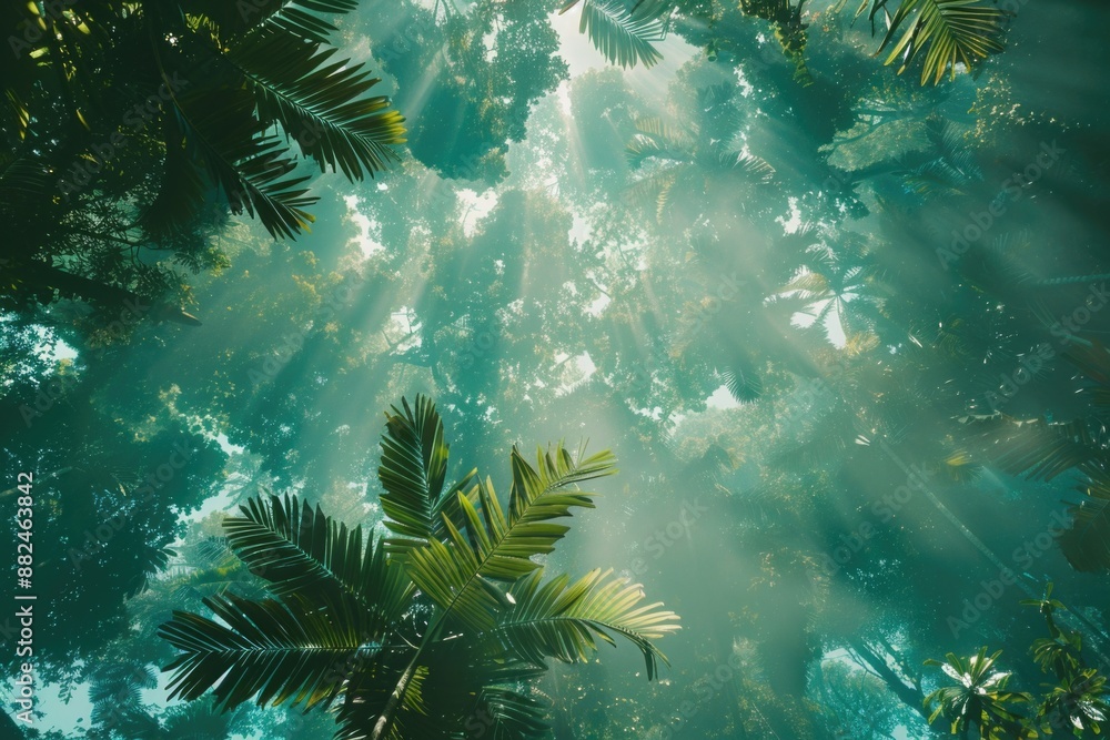 Aufkleber a warm and cozy scene of sunlight shining through the dense foliage of a jungle, creating a dappled 