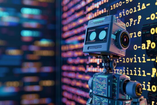 An illustration of a robot coding itself, representing the concept of artificial intelligence and self-learning algorithms in programming