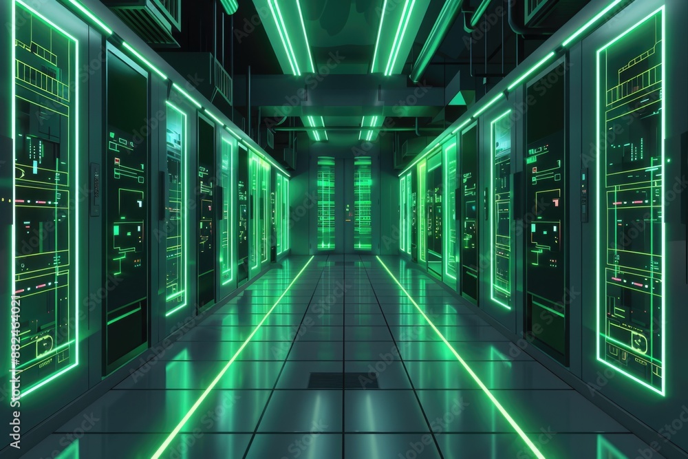 Aufkleber rows of servers and neon lights in a data center hallway