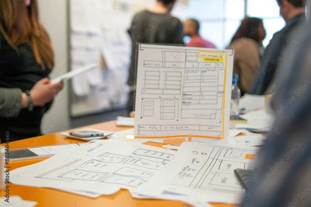 Poster an illustration of a ux design review session, showcasing collaborative feedback and iteration cycle