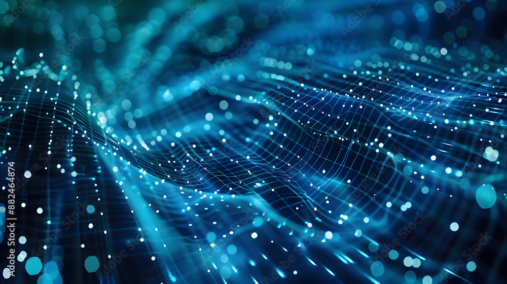 Poster abstract representation of digital data flowing through a network. digital artwork of blue dots and 