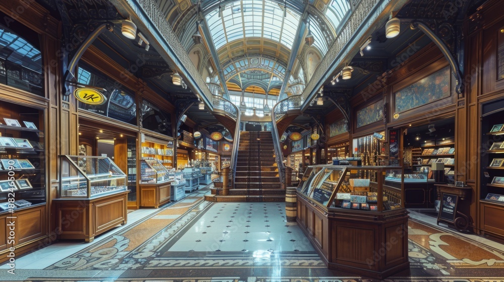 Poster store with many shelves and a clock on the wall, empty tables and chairs